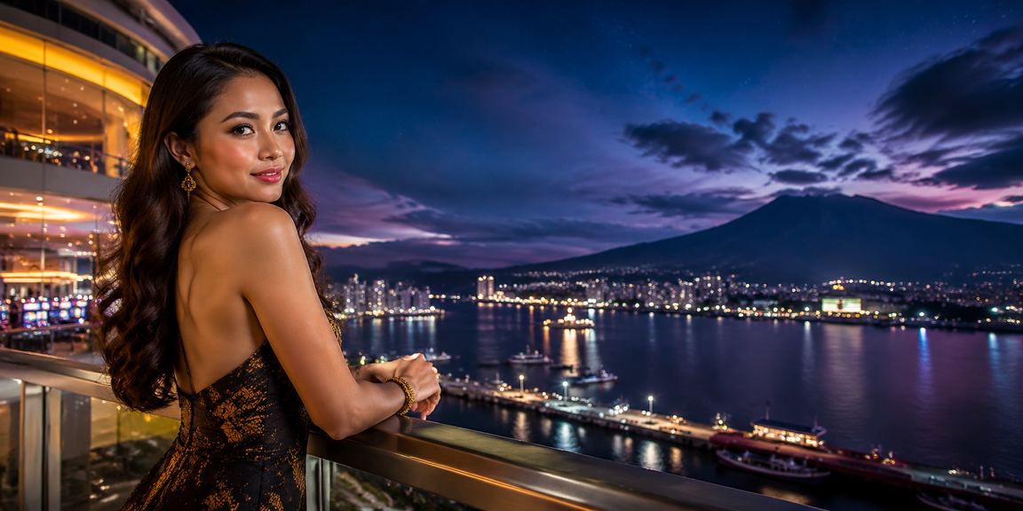 Model Vietnam tersenyum percaya diri sambil memegang ponsel di venue hiburan malam yang penuh cahaya