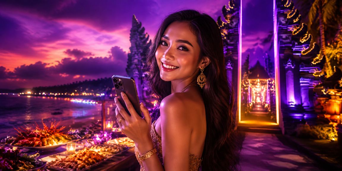 Pengguna mengakses platform casino di tepi pantai yang cerah menggunakan perangkat mobile