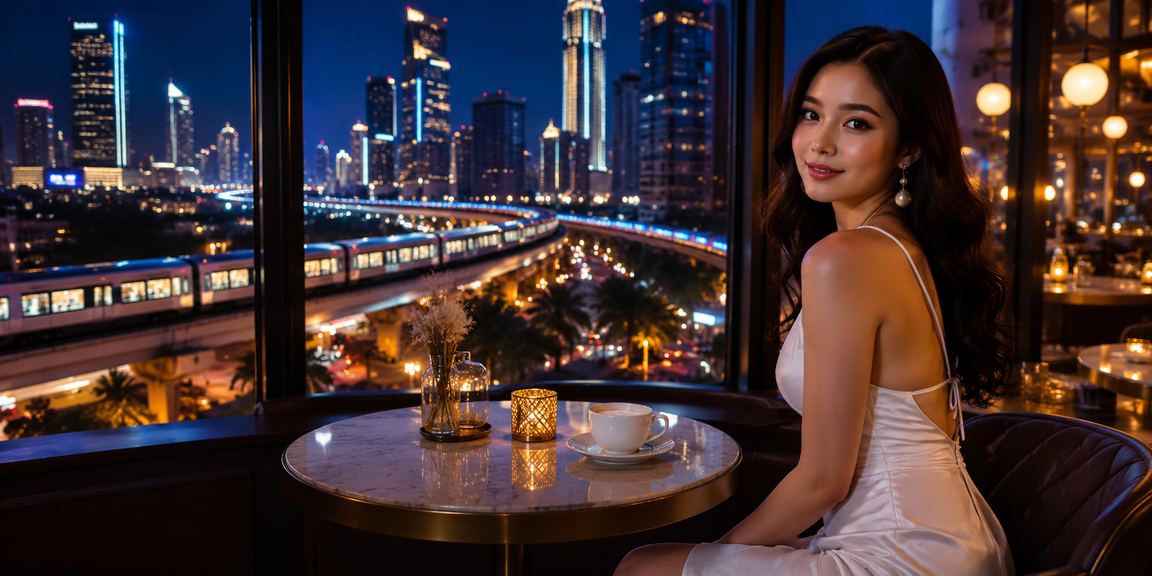 Layar dengan angka dan jadwal acara hiburan di kafe yang ramai dan berwarna-warni